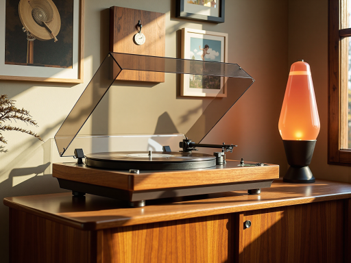 Vintage style record player with wooden finish, silver tonearm, black turntable, classic design with modern functionality